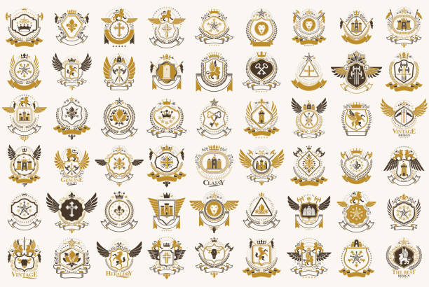 Classic style emblems big set, ancient heraldic symbols awards and labels collection, classical heraldry design elements, family or business emblems. Classic style emblems big set, ancient heraldic symbols awards and labels collection, classical heraldry design elements, family or business emblems. military family stock illustrations
