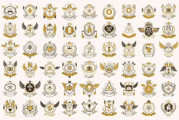 Vector illustration of Classic style emblems big set, ancient heraldic symbols awards and labels collection, classical heraldry design elements, family or business emblems.