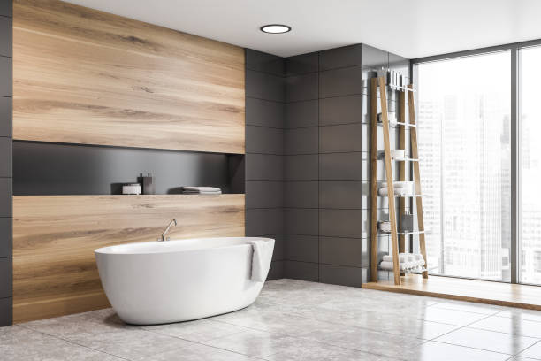istock Panoramic gray tile and wooden bathroom corner 1180403037