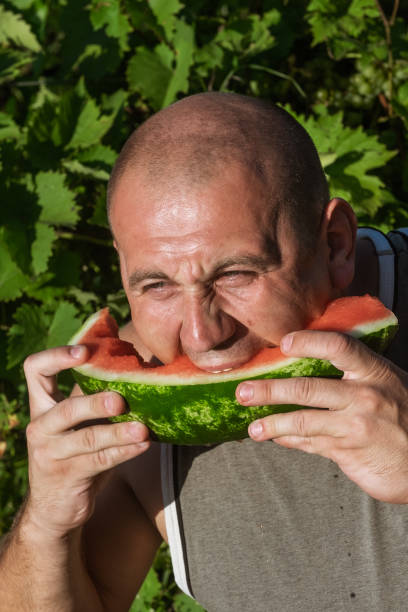 brutaler mann genießt süße rote wassermelone. 35-jährige männliche modell sitzt auf naturgrünen hintergrund und essen frisches obst. glücklich essen deich. - men 35 40 years male 30s stock-fotos und bilder