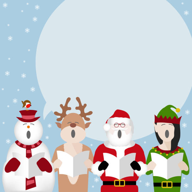 christmas characters singing poster a snowman, reindeer, father christmas and elf singing Christmas carols with room for text cartoon christmas elf caroling stock illustrations