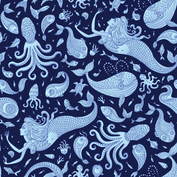 illustrations, cliparts, dessins animés et icônes de modèle de conte de fées nautique sans couture de vecteur. sirène de fantaisie, poulpe, poissons, animaux de mer silhouette bleue avec des ornements sur un fond indigo foncé. batik, papier peint, imprimé textile, papier d'emballage - backgrounds paisley pattern sea