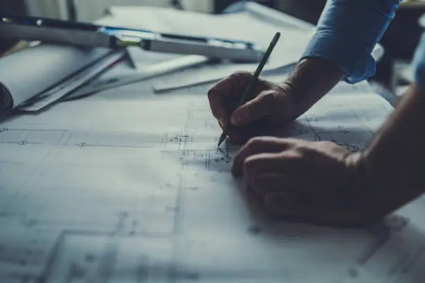 Hand drawing on a blueprint