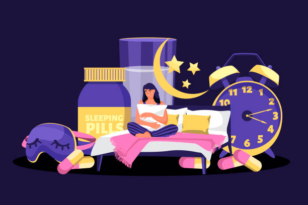 Tired woman suffering from insomnia. Vector flat cartoon illustration. Sleepless girl in night bedroom Tired woman suffering from insomnia. Vector flat cartoon illustration. Sleepless girl in night bedroom surrounded by alarm clock, sleeping pills, mask. Stress, depression and sleeping problems concept insomnia illustrations stock illustrations