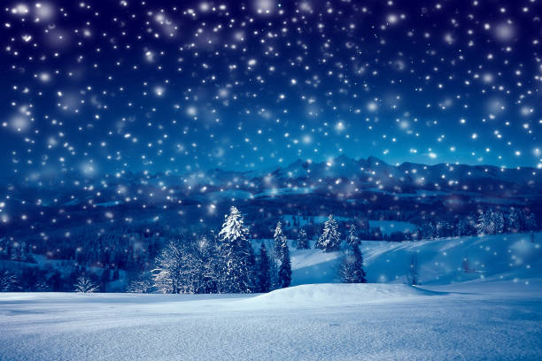눈이 내리는 크리스마스 밤 - ice crystal 이미지 뉴스 사진 이미지