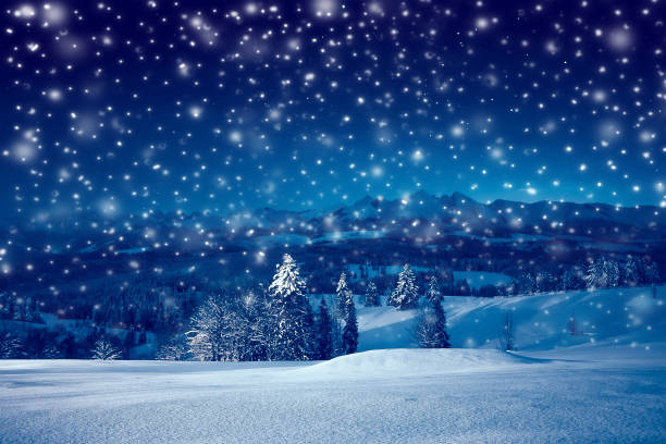 christmas night with snowfall - milky way imagens e fotografias de stock