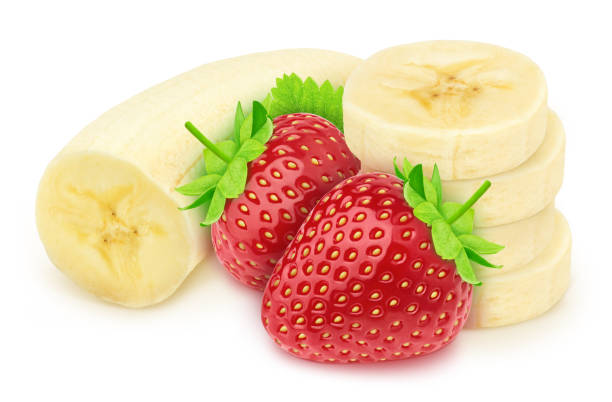 istock Composite image with halved banana and strawberry isolated on a white background. 1180407250