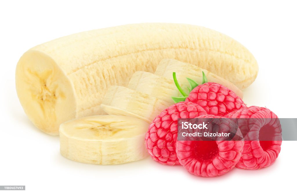 Bananas And Raspberry Composite Image With Halved Banana And Raspberry Isolated On A White ...