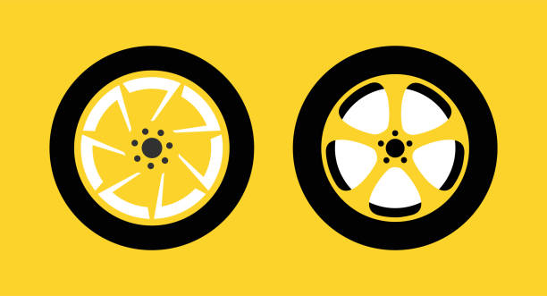 zestaw ikon kół izolowanych na żółtym tle dla taxi, konkursu wyścigowego lub warsztatu samochodowego. ilustracja wektorowa. - taxi yellow driving car stock illustrations