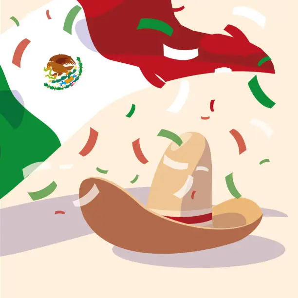 Vector illustration of mexican hat with mexico flag in background