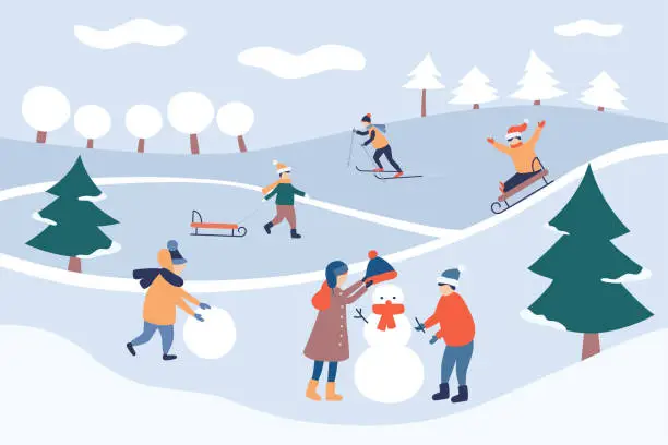 Vector illustration of Child winter leisure in park. Winter landscape. Happy holidays and merry Christmas. Cute card. Kids make a snowman.