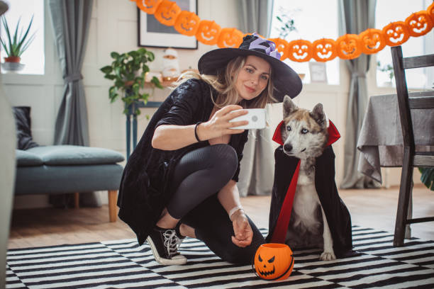 Halloween selfie Woman and her pet dog wearing costumes at home for Halloween, woman making selfie for social networks dog in halloween hat of witch stock pictures, royalty-free photos & images