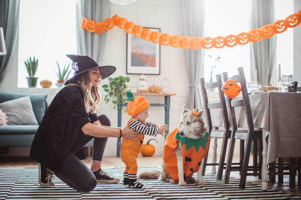 Mother helping baby to walk on Halloween Mother and baby son in costumes at home for Halloween, she helping baby with first steps,pet dog in costume is with them too dog in halloween hat of witch stock pictures, royalty-free photos & images