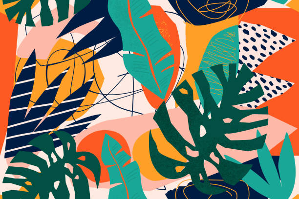 과일, 이국적인 식물과 기하학적 모양 원활한 패턴의 다양한 추상 현대 열대 낙원 콜라주. 패브릭 디자인에 대한 현대적인 꽃 일러스트. - peach fruit backgrounds textured stock illustrations