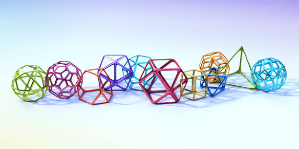 Eleven metal frames, each in different shape of regular, mathematical, geometric polyhedra The three dimensional shapes are all connected and arranged in a row against a light and pastel toned background.