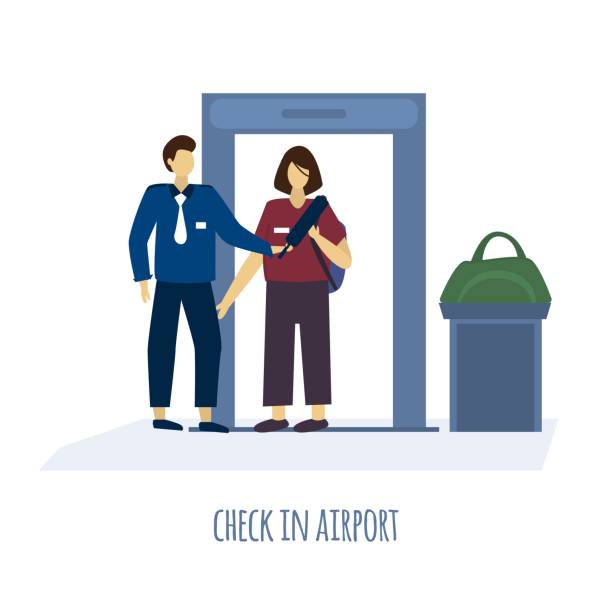 ilustrações, clipart, desenhos animados e ícones de verificação do aeroporto na inspeção do controle de segurança - security staff security airport airport security