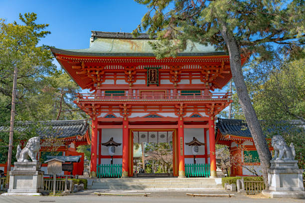 Kyoto, Kyoto, Japan - April 13 2019 : Romon gate of the Imamiya Jinja Shrine. It was founded during the Heian period in 994. In 1001.