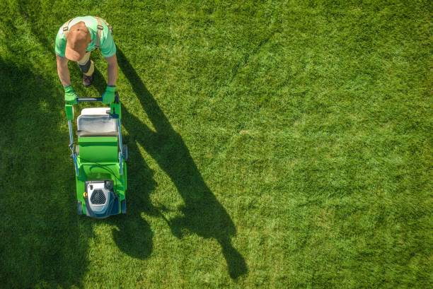 Lawn Moving Aerial Photo Lawn Moving Aerial Photo. Caucasian Gardener with Gasoline Grass Mower at Work. Landscaping Business. Industrial Theme. landscaped stock pictures, royalty-free photos & images