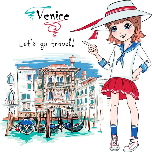 Vector illustration of Cute fashion girl in Venice, Italia.
