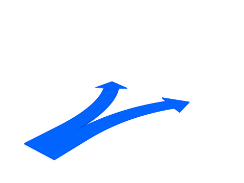 3D Rendering of a blue arrow splitting in two pathways. 3D Rendering isolated on white.