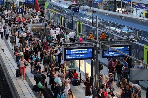 People waiting for trains on the platforms of the central railway station of Hamburg, Germany on June 29, 2019