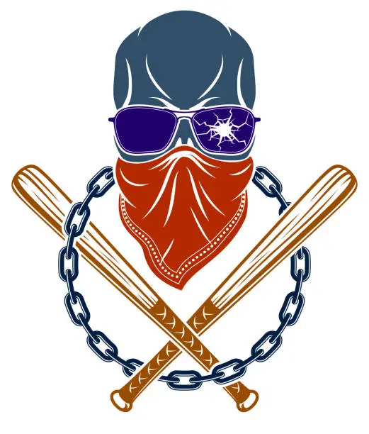 Vector illustration of Gangster emblem or tattoo with aggressive skull baseball bats design elements, vector, criminal ghetto vintage style, gangster anarchy or mafia theme.