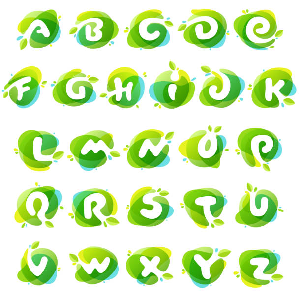illustrazioni stock, clip art, cartoni animati e icone di tendenza di loghi alfabetici con sfondo spruzzi acquerello verde. - water drop leaf spring