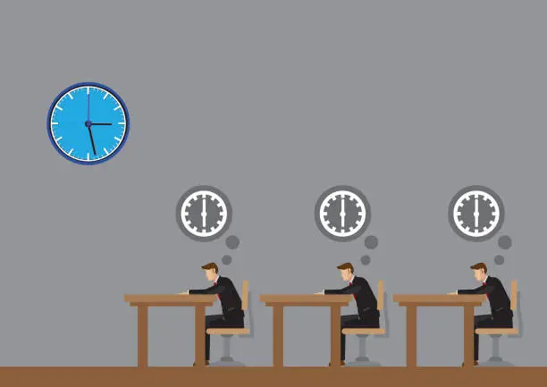 Vector illustration of Office Workers Thinking About Knock Off Time Cartoon Vector Illustration