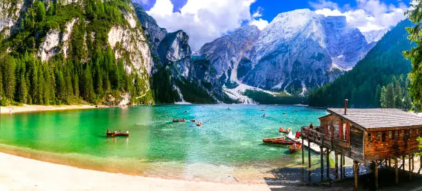 Photo of Breathtaking Alpine scenery, Dolomite mountains. beautiful lake Lago di Braies. northen Italy