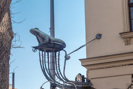 Old wrought iron sign of a frog, with a clear blue sky in the background.

Medieval shop signs in the central streets of Berlin are kept, even though they do not necessarily relate to the shop they are hanging over. They mark the city’s history adding charm to the old streets.

The sign is not copyright protected.