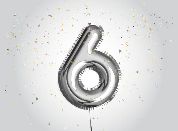 6 anni di anniversario. buona festa di gioia di compleanno. palloncini d'argento e coriandoli per biglietto d'auguri - 6 7 years foto e immagini stock