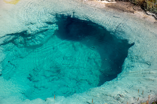 Blue hot springs in Yellowstone of vivid colors caused by thermophilic bacteria