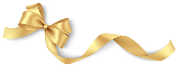 白い背景に隔離された長いリボンを持つ装飾的な金色の弓。休日の装飾 - 結び目 イラスト点のイラスト素材／クリップアート素材／マンガ素材／アイコン素材