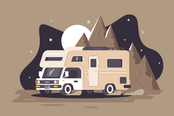 夜の山の背景に休息上のモーターホーム。 - motor home mobile home vehicle trailer camping点のイラスト素材／クリップアート素材／マンガ素材／アイコン素材