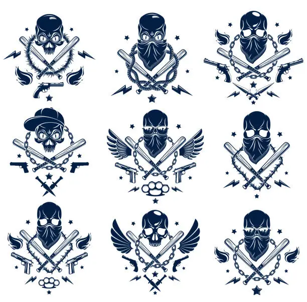 Vector illustration of Criminal tattoo ,gang emblem with aggressive skull baseball bats and other weapons and design elements, vector set, bandit ghetto vintage style, gangster anarchy or mafia theme.