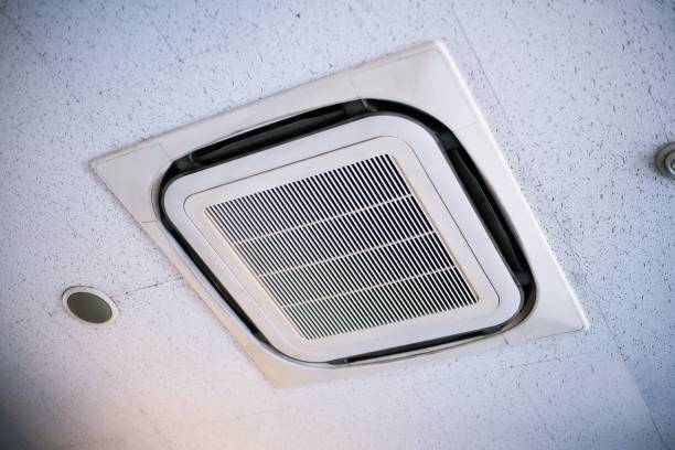 istock ceiling mounted cassette type air conditioner for large rooms, exhibition room, Modern cafe 1180434884