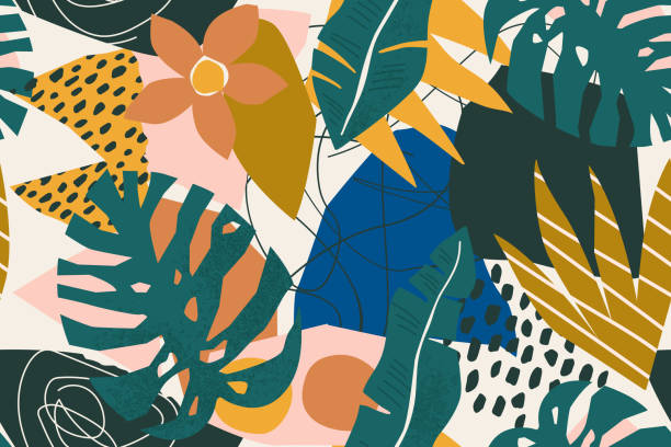 bildbanksillustrationer, clip art samt tecknat material och ikoner med abstrakt modernt tropiskt paradis collage med olika frukter, exotiska växter och geometriska former sömlösa mönster. samtida blomster illustration för tyg design. - australia forest background