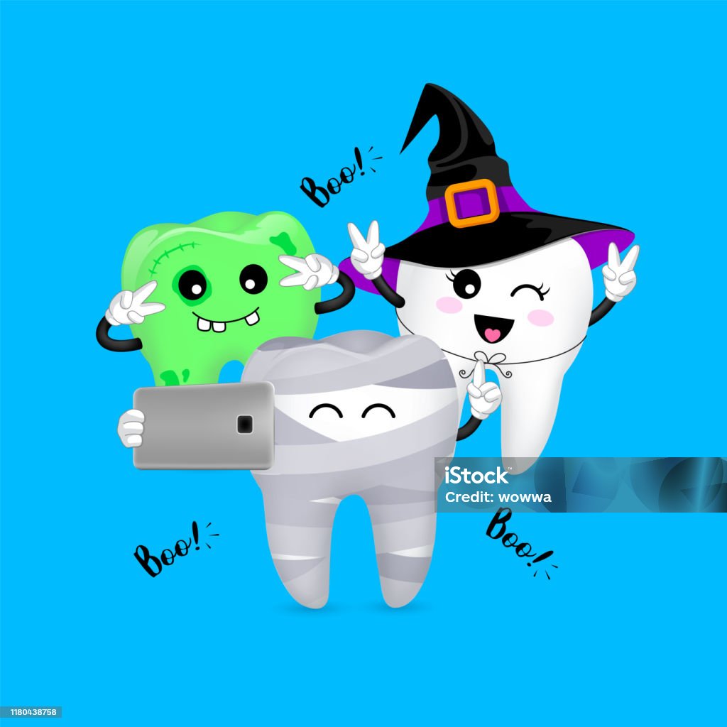 Funny Cartoon Halloween Tooth Character Taking Selfie Mummy Zombie And  Witch Stock Illustration - Download Image Now - iStock