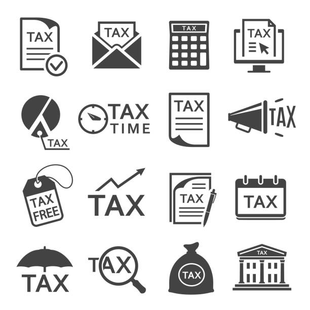 Tax bills paying glyph icons vector set Tax bills paying glyph icons vector set. VAT and financial expenses calculating black silhouette illustrations. Taxation symbols isolated on white. Accounting and bookkeeping cliparts collection tax silhouettes stock illustrations