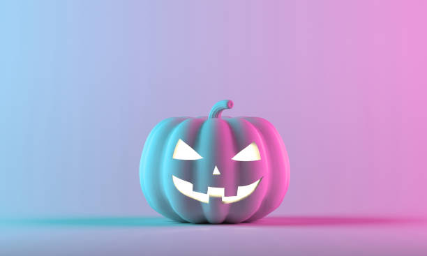 istock Halloween pumpkin on neon gradient background. 3D Rendering illustration 1180441407