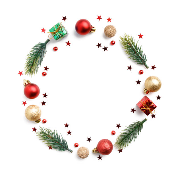 istock Christmas Round Frame from Branches and Decorations isolated on white background. Flat Lay 1180441424
