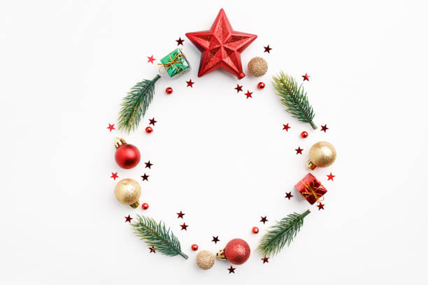 istock Christmas Round Frame from Branches and Decorations isolated on white background. Flat Lay 1180441435
