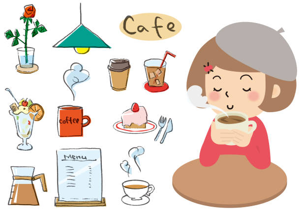 ilustrações de stock, clip art, desenhos animados e ícones de set of cafe stuff with woman drinking coffee - parfait glass