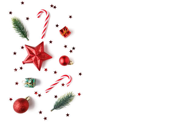 istock Christmas Red decorations, fir tree branches on white background. 1180442516