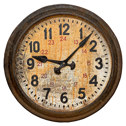 Isolated objects: old round wall clock, shabby and rusty, on white background