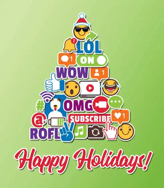 Vector illustration of Christmas Tree Holiday Greeting Card with Social Media Emoticons Internet Online Chat Icons