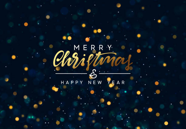 Christmas background with golden lights bokeh. Christmas background with golden lights bokeh. Xmas greeting card. Magic holiday poster, banner. Night bright gold sparkles background. Merry Christmas and Happy New Year confetti star shape red yellow stock illustrations