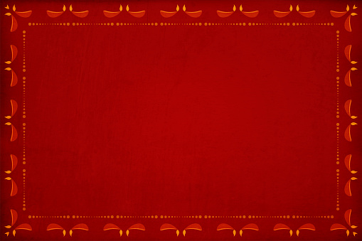 Dark red grunge Christmas Background with oil lamps or mitti ke diye in slightly lighter tone Christmas objects in small size. Can be used as Xmas, Diwali wallpaper, background or gift wrapping sheet, poster, template, greeting card. Merry Christmas, happy festive background. No text. No people, copy space. Grungy. Mottled, scratched, textured
