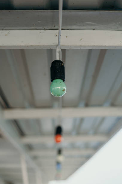 istock Green electric lamp weighs under the profile roof 1180449016