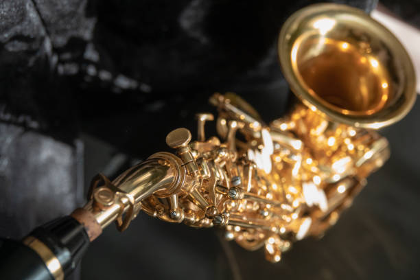 istock Tenor sax golden saxophone macro with selective focus on black 1180450944